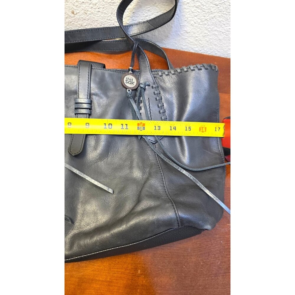 The Sak Black Leather Tote Bag Braided Trim & Tassel Accents Zip Closure Size L - Picture 7 of 11